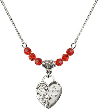 18" Rhodium Plated Necklace with 4mm Ruby Crystal Beads featuring a Sterling Silver Guardian Angel Heart Medal. Engraved Catholic Saint Jewelry