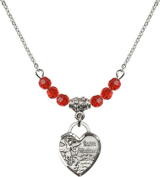 18" Rhodium Plated Necklace with 4mm Ruby Crystal Beads featuring a Sterling Silver Saint Michael Heart Medal. Engraved Catholic Saint Jewelry