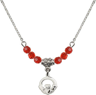 18" Rhodium Plated Necklace with 4mm Ruby Crystal Beads featuring a Sterling Silver Claddagh Medal.