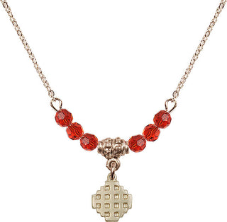 18" Hamilton Gold Plated Necklace with 4mm Ruby Crystal Beads featuring a 14kt Gold Filled Jerusalem Cross Medal.
