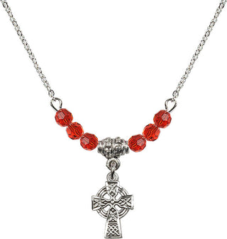 18" Rhodium Plated Necklace with 4mm Ruby Crystal Beads featuring a Sterling Silver Celtic Cross Medal.