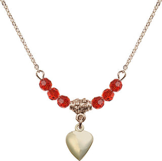 18" Hamilton Gold Plated Necklace with 4mm Ruby Crystal Beads featuring a 14kt Gold Filled Heart Medal.