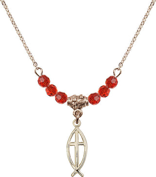 18" Hamilton Gold Plated Necklace with 4mm Ruby Crystal Beads featuring a 14kt Gold Filled Fish / Cross Medal.