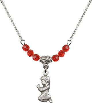 18" Rhodium Plated Necklace with 4mm Ruby Crystal Beads featuring a Sterling Silver Praying Girl Medal.