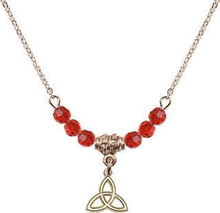 18" Hamilton Gold Plated Necklace with 4mm Ruby Crystal Beads featuring a 14kt Gold Filled Trinity Irish Knot Medal.