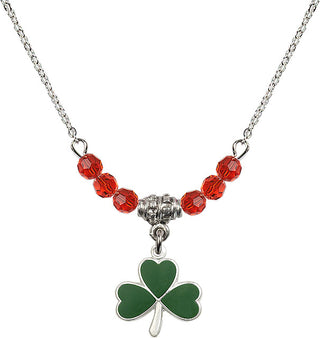 18" Rhodium Plated Necklace with 4mm Ruby Crystal Beads featuring a Sterling Silver Shamrock Medal.