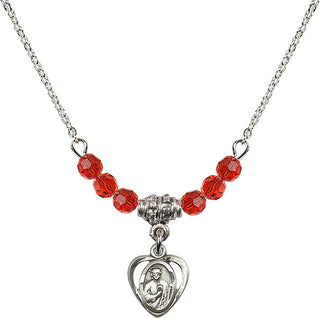 18" Rhodium Plated Necklace with 4mm Ruby Crystal Beads featuring a Sterling Silver Saint Jude Medal. Engraved Catholic Saint Jewelry