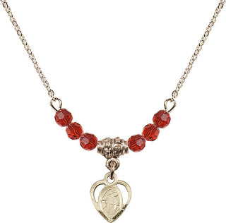 18" Hamilton Gold Plated Necklace with 4mm Ruby Crystal Beads featuring a 14kt Gold Filled Guardian Angel Medal. Engraved Catholic Saint Jewelry