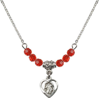 18" Rhodium Plated Necklace with 4mm Ruby Crystal Beads featuring a Sterling Silver Guardian Angel Medal. Engraved Catholic Saint Jewelry