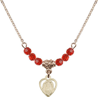 18" Hamilton Gold Plated Necklace with 4mm Ruby Crystal Beads featuring a 14kt Gold Filled Infant Medal. Engraved Catholic Saint Jewelry