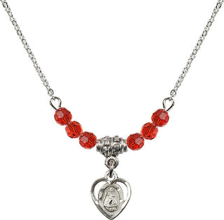 18" Rhodium Plated Necklace with 4mm Ruby Crystal Beads featuring a Sterling Silver Infant Medal. Engraved Catholic Saint Jewelry