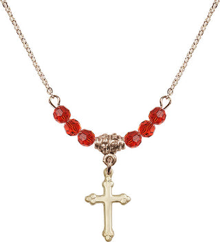 18" Hamilton Gold Plated Necklace with 4mm Ruby Crystal Beads featuring a 14kt Gold Filled Cross Medal.