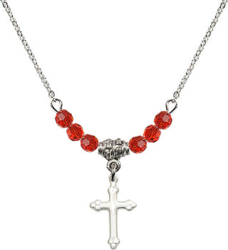 18" Rhodium Plated Necklace with 4mm Ruby Crystal Beads featuring a Sterling Silver Cross Medal.