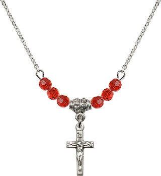18" Rhodium Plated Necklace with 4mm Ruby Crystal Beads featuring a Sterling Silver Crucifix Medal.