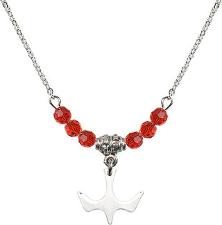 18" Rhodium Plated Necklace with 4mm Ruby Crystal Beads featuring a Sterling Silver Holy Spirit Medal.
