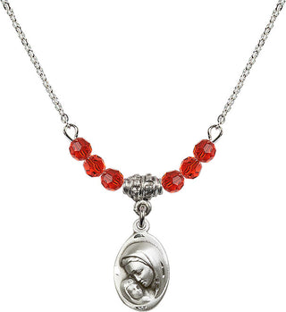 18" Rhodium Plated Necklace with 4mm Ruby Crystal Beads featuring a Sterling Silver Madonna & Child Medal.