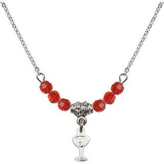 18" Rhodium Plated Necklace with 4mm Ruby Crystal Beads featuring a Sterling Silver Chalice Medal.