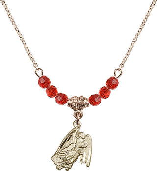 18" Hamilton Gold Plated Necklace with 4mm Ruby Crystal Beads featuring a 14kt Gold Filled Guardian Angel Medal.