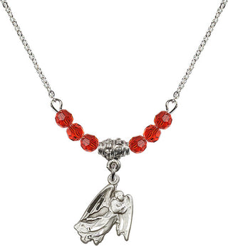 18" Rhodium Plated Necklace with 4mm Ruby Crystal Beads featuring a Sterling Silver Guardian Angel Medal.