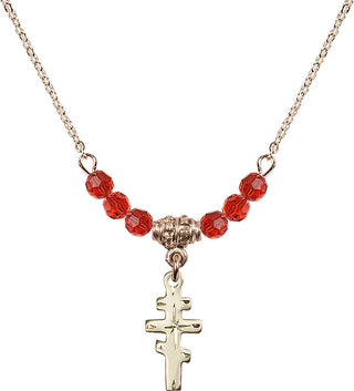 18" Hamilton Gold Plated Necklace with 4mm Ruby Crystal Beads featuring a 14kt Gold Filled Greek Orthadox Cross Medal.
