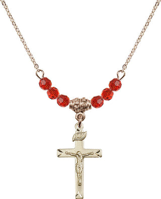 18" Hamilton Gold Plated Necklace with 4mm Ruby Crystal Beads featuring a 14kt Gold Filled Crucifix Medal.