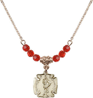18" Hamilton Gold Plated Necklace with 4mm Ruby Crystal Beads featuring a 14kt Gold Filled Saint Florian Medal. Engraved Catholic Saint Jewelry
