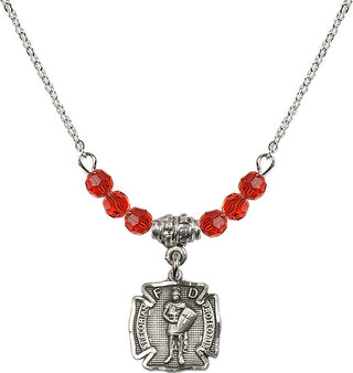18" Rhodium Plated Necklace with 4mm Ruby Crystal Beads featuring a Sterling Silver Saint Florian Medal. Engraved Catholic Saint Jewelry