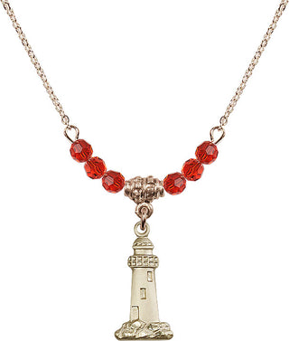 18" Hamilton Gold Plated Necklace with 4mm Ruby Crystal Beads featuring a 14kt Gold Filled Lighthouse Medal.