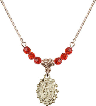 18" Hamilton Gold Plated Necklace with 4mm Ruby Crystal Beads featuring a 14kt Gold Filled Miraculous Medal.