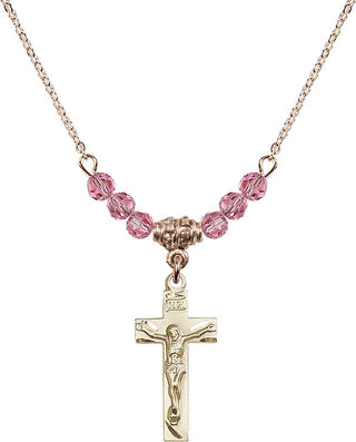 18" Hamilton Gold Plated Necklace with 4mm Rose Crystal Beads featuring a 14kt Gold Filled Crucifix Medal.