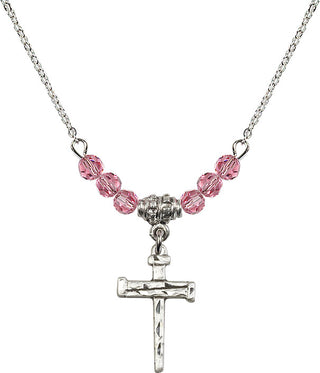18" Rhodium Plated Necklace with 4mm Rose Crystal Beads featuring a Sterling Silver Nail Cross Medal.