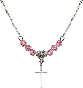 18" Rhodium Plated Necklace with 4mm Rose Crystal Beads featuring a Sterling Silver Cross Medal.