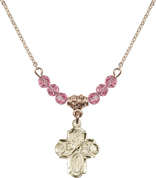 18" Hamilton Gold Plated Necklace with 4mm Rose Crystal Beads featuring a 14kt Gold Filled 4-Way Medal.