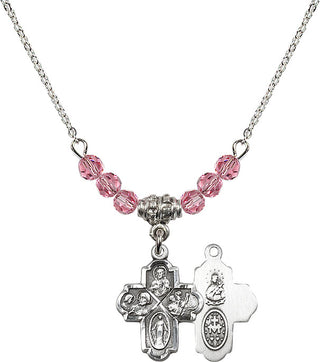 18" Rhodium Plated Necklace with 4mm Rose Crystal Beads featuring a Sterling Silver 4-Way Medal.