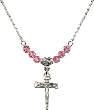 18" Rhodium Plated Necklace with 4mm Rose Crystal Beads featuring a Sterling Silver Nail Crucifix Medal.