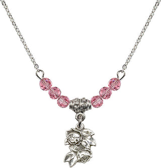 18" Rhodium Plated Necklace with 4mm Rose Crystal Beads featuring a Sterling Silver Rose Medal.
