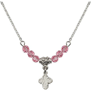 18" Rhodium Plated Necklace with 4mm Rose Crystal Beads featuring a Sterling Silver 4-Way Medal.