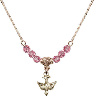 18" Hamilton Gold Plated Necklace with 4mm Rose Crystal Beads featuring a 14kt Gold Filled Holy Spirit Medal.