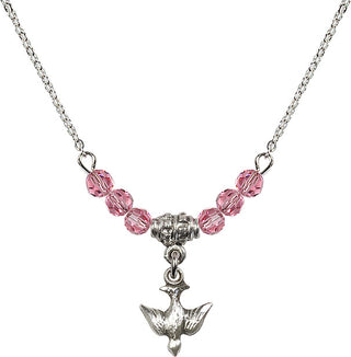 18" Rhodium Plated Necklace with 4mm Rose Crystal Beads featuring a Sterling Silver Holy Spirit Medal.