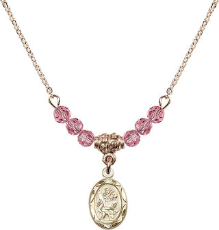 18" Hamilton Gold Plated Necklace with 4mm Rose Crystal Beads featuring a 14kt Gold Filled Saint Christopher Medal.