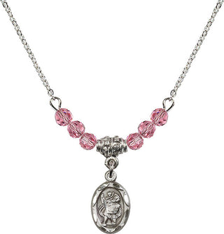18" Rhodium Plated Necklace with 4mm Rose Crystal Beads featuring a Sterling Silver Saint Christopher Medal.