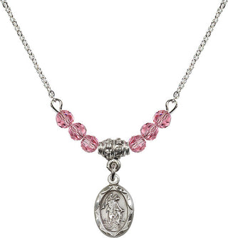 18" Rhodium Plated Necklace with 4mm Rose Crystal Beads featuring a Sterling Silver Guardian Angel Medal.