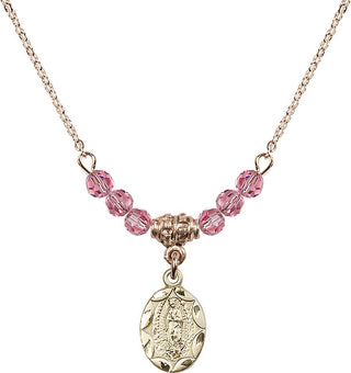 18" Hamilton Gold Plated Necklace with 4mm Rose Crystal Beads featuring a 14kt Gold Filled Our Lady of Guadalupe Medal.