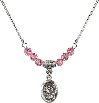 18" Rhodium Plated Necklace with 4mm Rose Crystal Beads featuring a Sterling Silver Saint Michael the Archangel Medal.