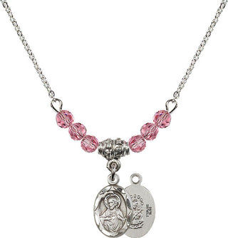 18" Rhodium Plated Necklace with 4mm Rose Crystal Beads featuring a Sterling Silver Scapular Medal.
