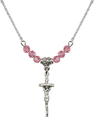 18" Rhodium Plated Necklace with 4mm Rose Crystal Beads featuring a Sterling Silver Papal Crucifix Medal.