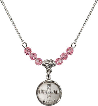 18" Rhodium Plated Necklace with 4mm Rose Crystal Beads featuring a Sterling Silver Baptism Medal. Engraved Catholic Saint Jewelry