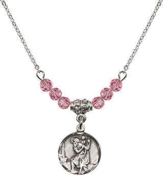 18" Rhodium Plated Necklace with 4mm Rose Crystal Beads featuring a Sterling Silver Saint Christopher Medal. Engraved Catholic Saint Jewelry