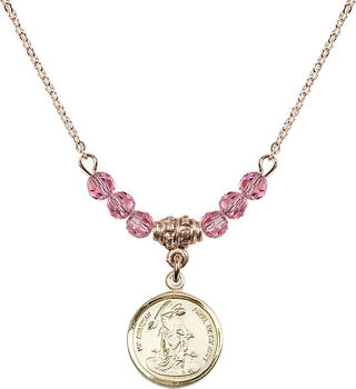 18" Hamilton Gold Plated Necklace with 4mm Rose Crystal Beads featuring a 14kt Gold Filled Guardian Angel Medal. Engraved Catholic Saint Jewelry