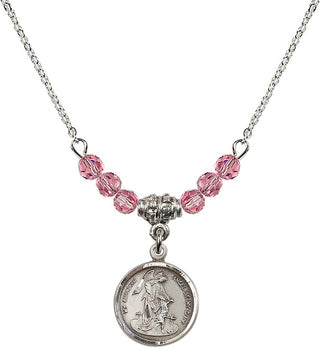 18" Rhodium Plated Necklace with 4mm Rose Crystal Beads featuring a Sterling Silver Guardian Angel Medal. Engraved Catholic Saint Jewelry